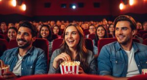 A vibrant, bustling cinema filled with diverse Australians of all ages. Close, wide-angle shot focusing on a radiant young woman enjoying popcorn, accompanied by a handsome man beside her. Capture the lively atmosphere, shared laughter, and excitement of the movie experience with warm, inviting lighting.